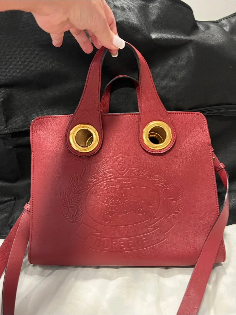 Burberry Red Leather Satchel with Gold Grommet Accents